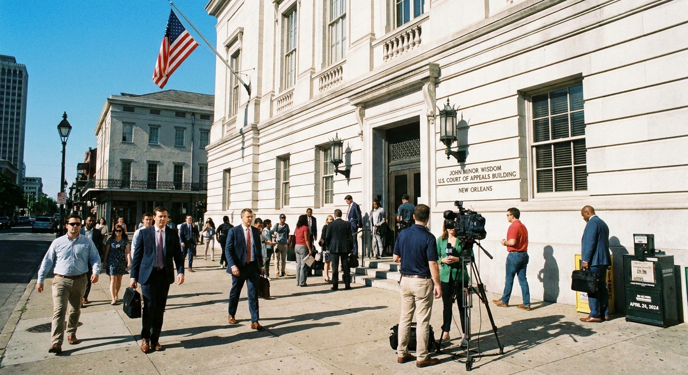 The exterior of a federal courthouse in New Orleans on a sunny day with pedestrians nearby, news photography style