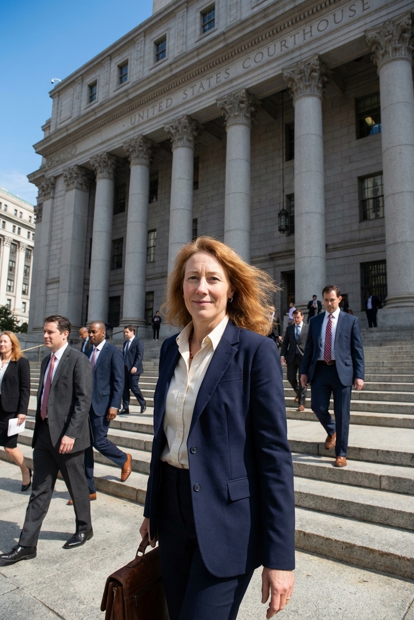 The exterior of a federal courthouse with stone columns and people walking up the steps on a clear day, photorealistic news photography