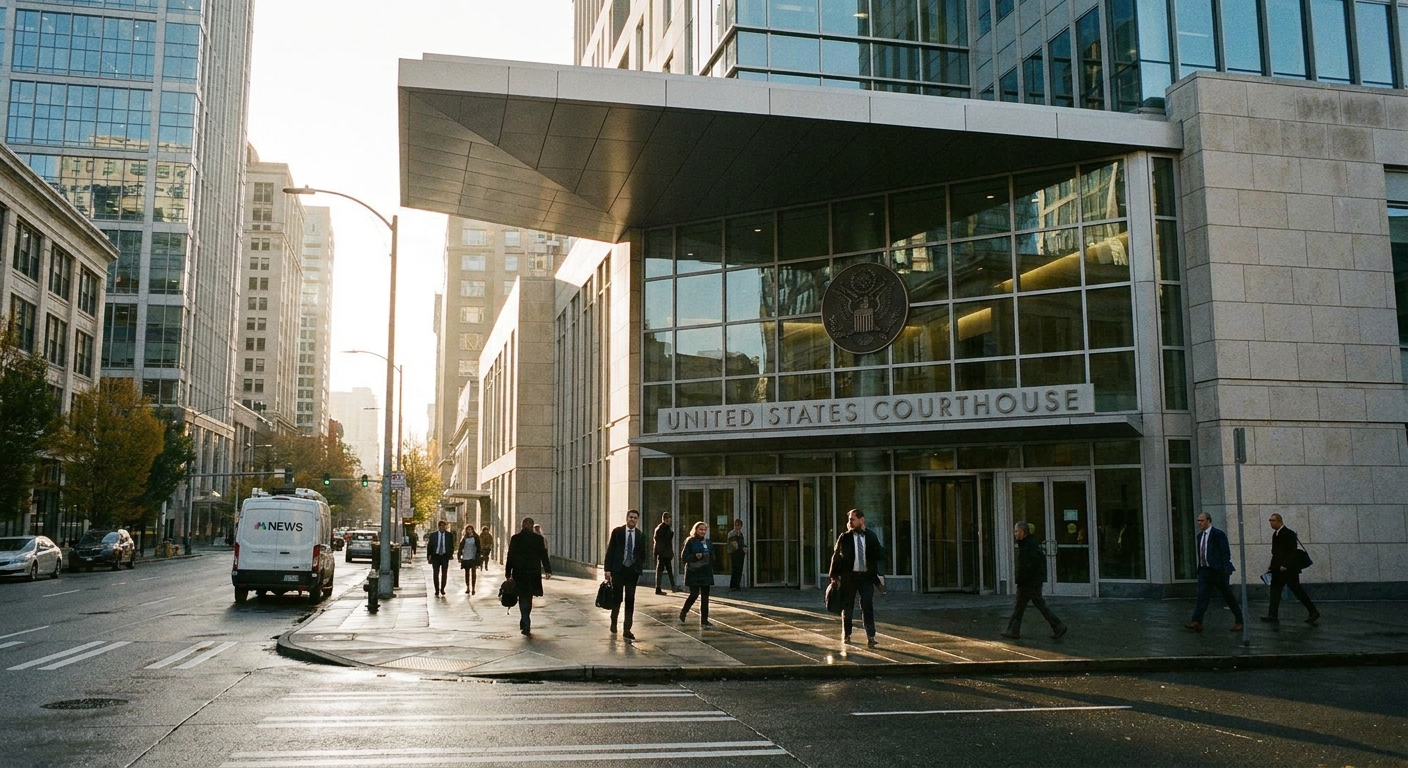 The exterior of a modern federal courthouse in the morning with pedestrians walking past the entrance, realistic news photography style