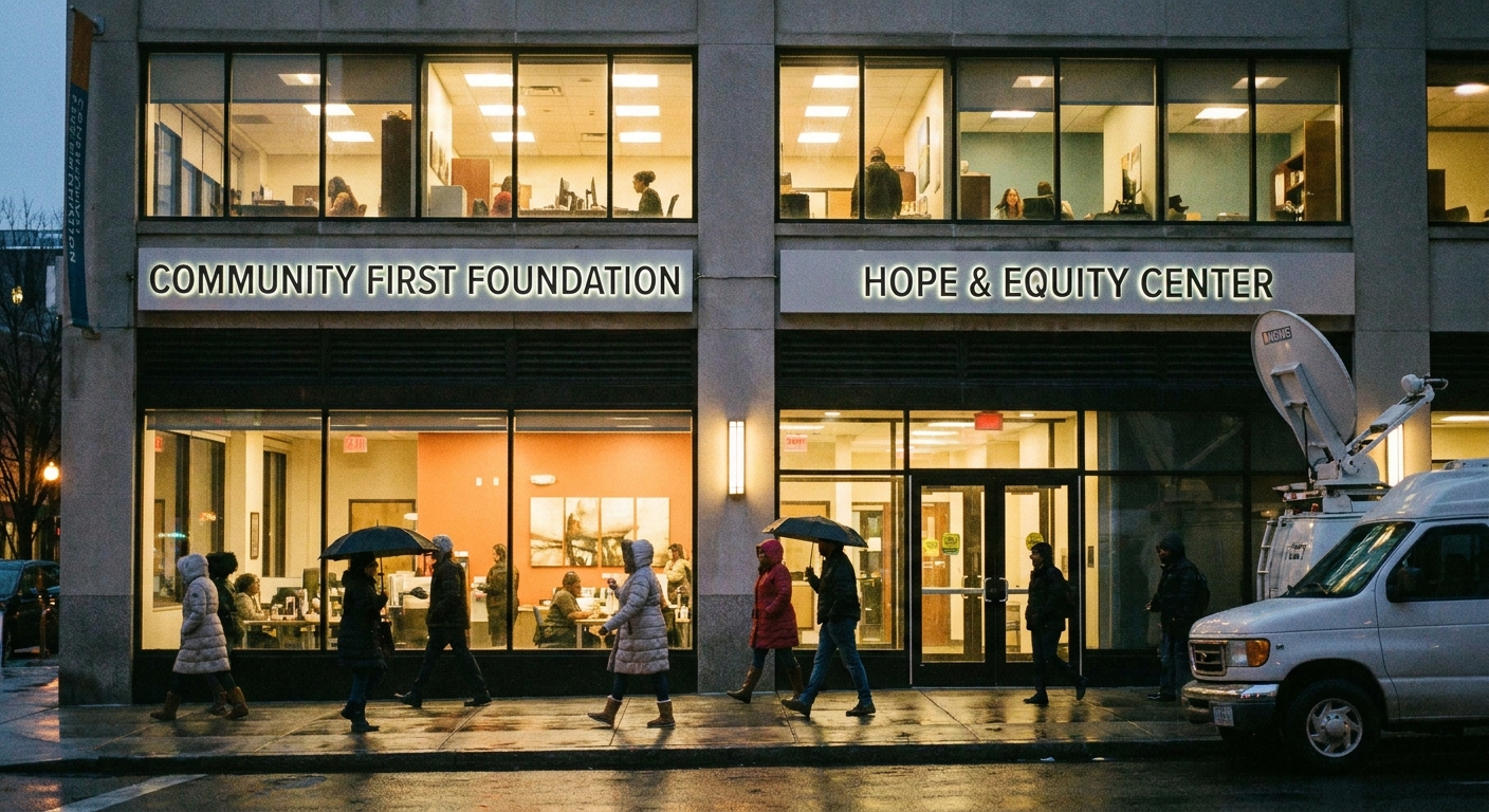 The exterior of a nonprofit office building at dusk with lights on inside and people walking past, realistic news photography style