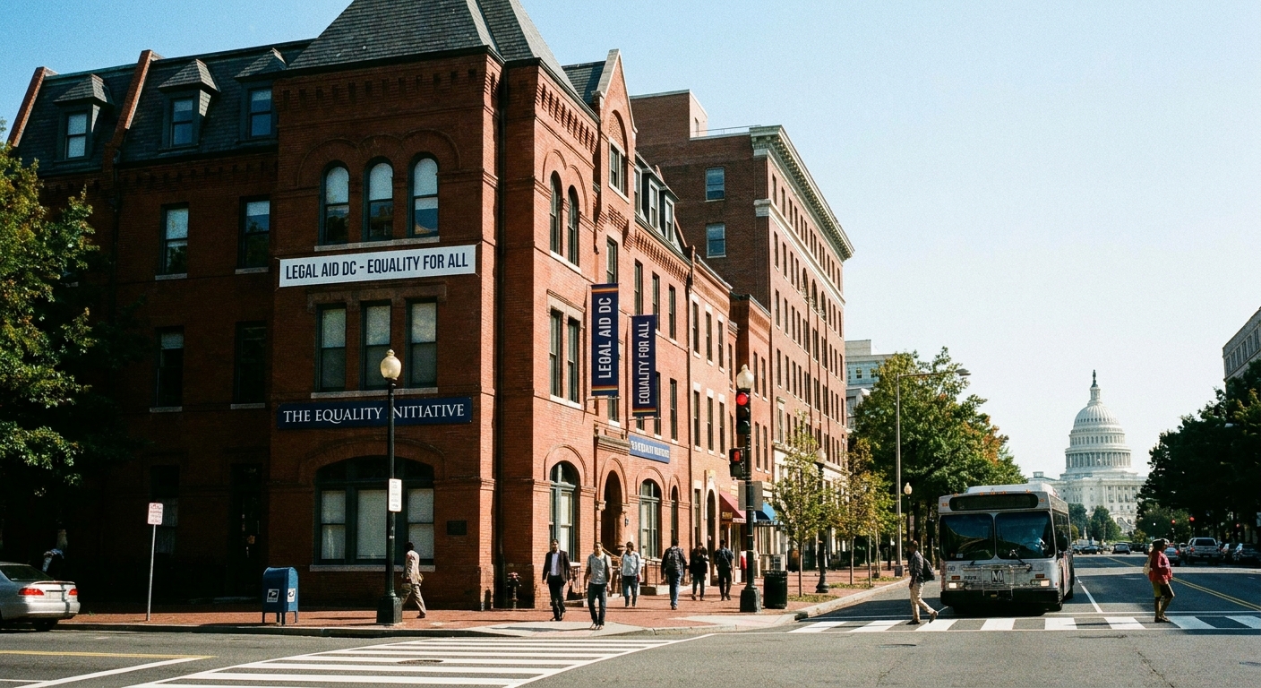 The exterior of a nonprofit office building in Washington, DC, photographed from across the street in daylight, news photography style