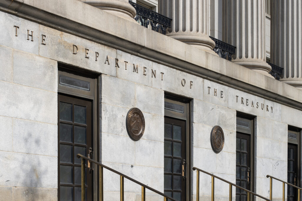 The exterior of an office building associated with the U.S. Treasury's Office of Foreign Assets Control in Washington, D.C.