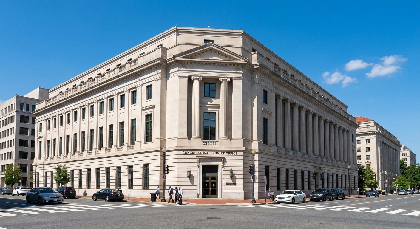 The exterior of the Congressional Budget Office building in Washington, DC on a clear day, realistic news photography style