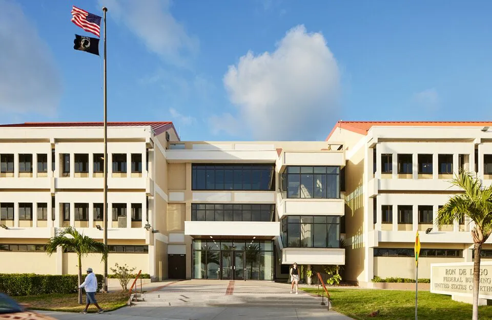 The exterior of the District Court of the Virgin Islands building in St. Thomas, photographed from street level