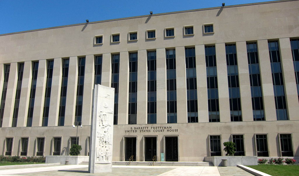 The exterior of the E. Barrett Prettyman United States Courthouse in Washington, DC, where the Foreign Intelligence Surveillance Court is housed, photographed from street level