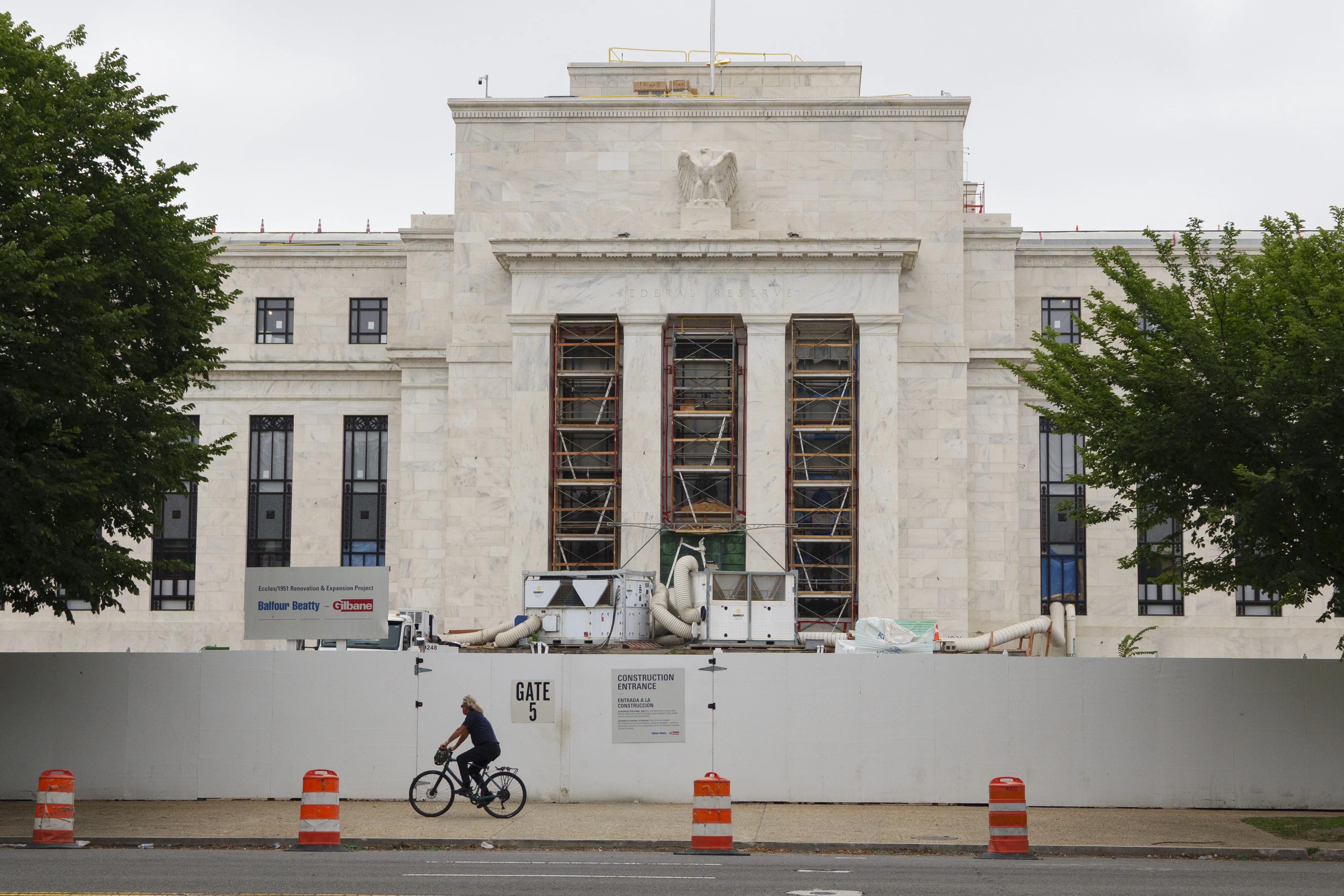 The exterior of the Federal Reserve building in Washington, D.C., photographed from across the street