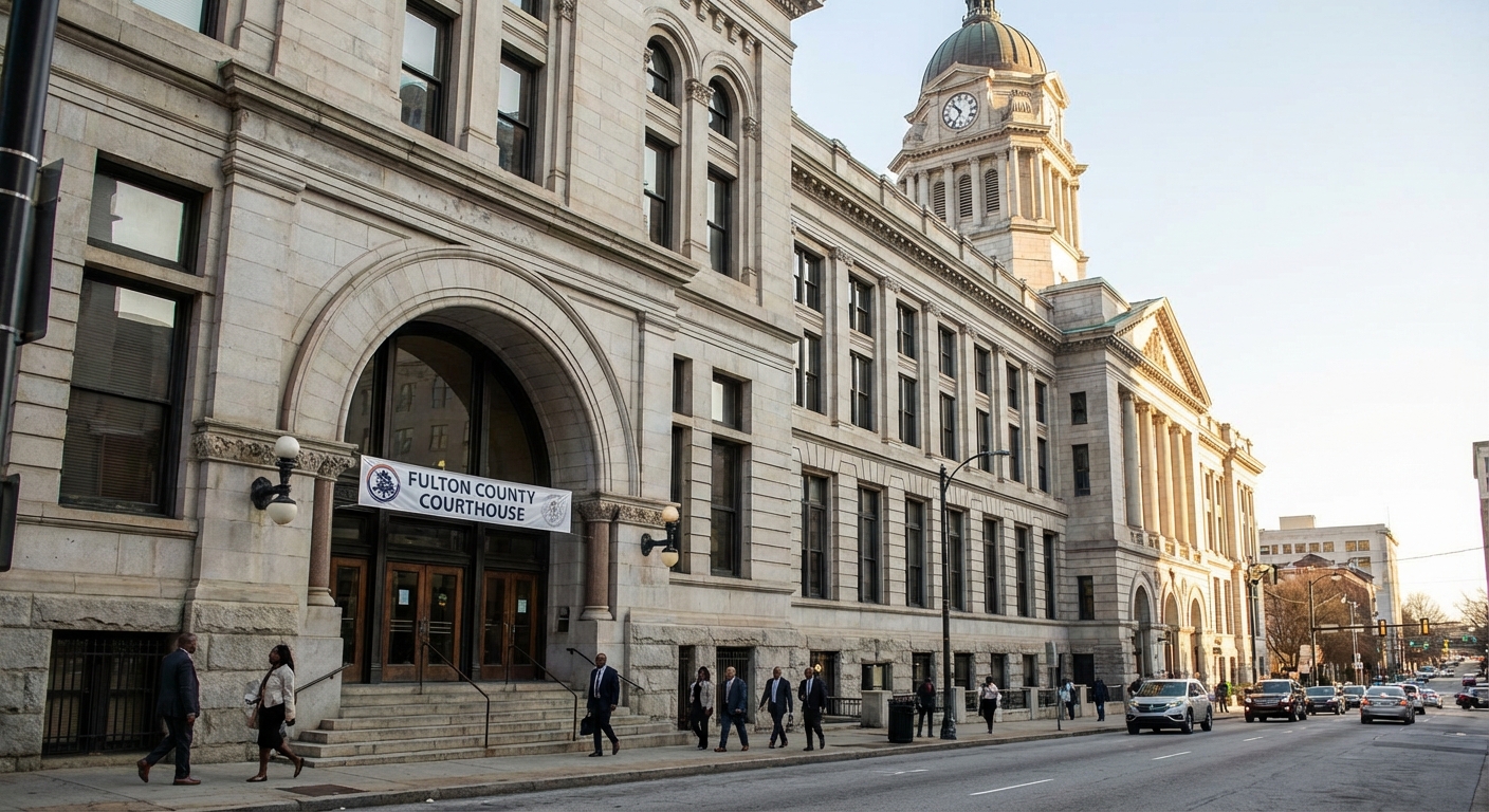 The exterior of the Fulton County courthouse in Atlanta with people walking near the entrance