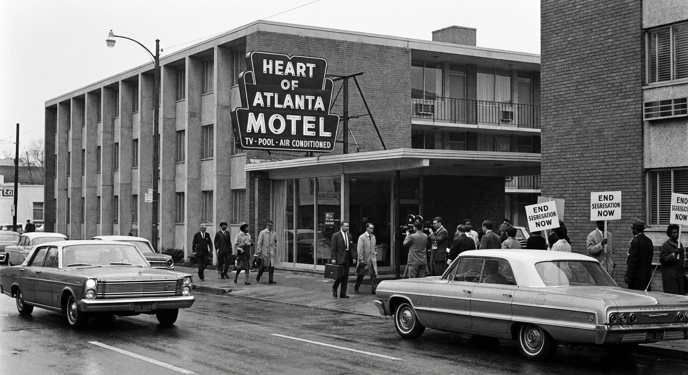 The exterior of the Heart of Atlanta Motel in Atlanta, Georgia, photographed in a realistic street-level view reminiscent of mid-1960s news photography