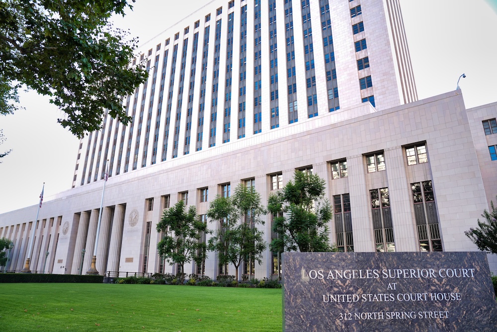 The exterior of the Los Angeles County Superior Court building in downtown Los Angeles on a clear daytime, news photography style