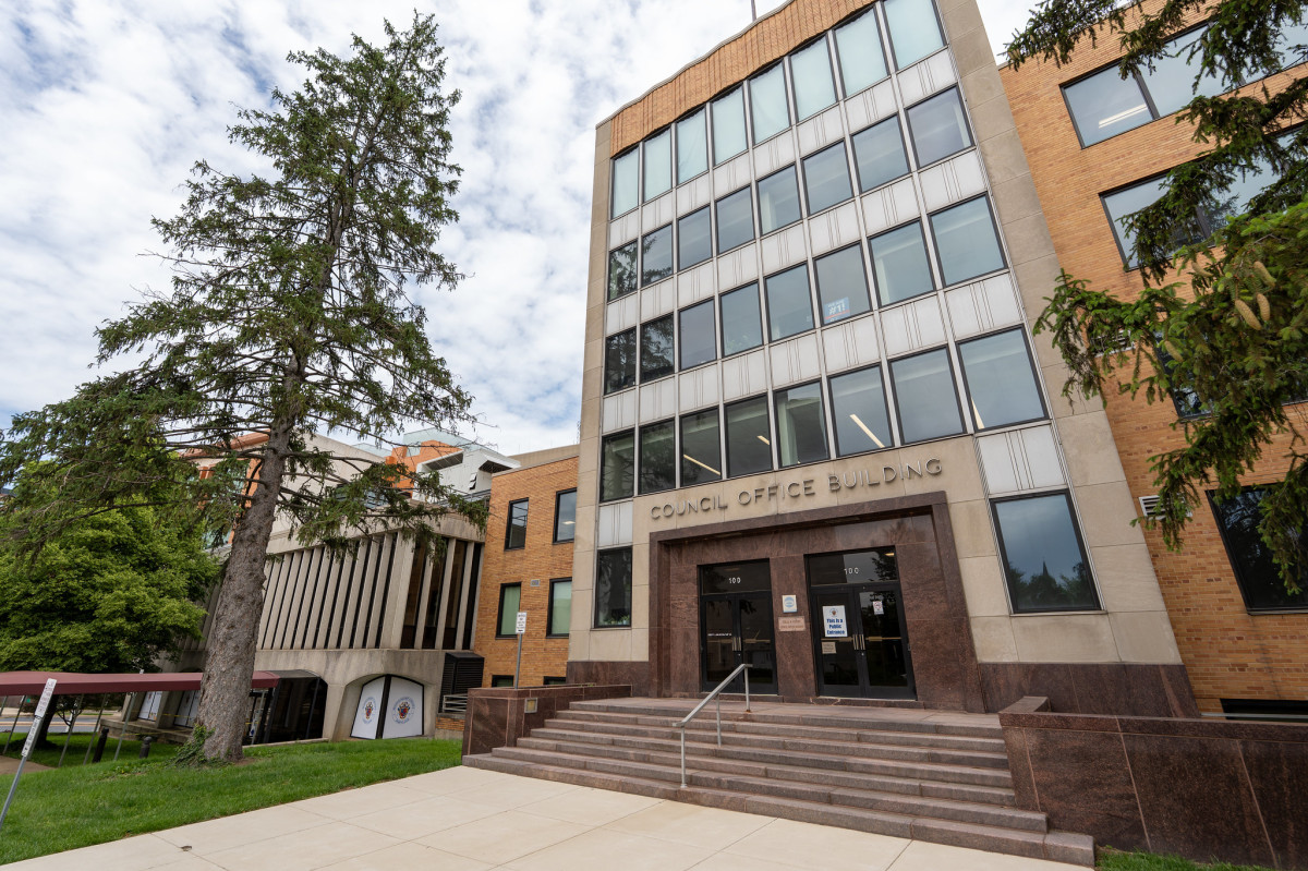 The exterior of the Montgomery County Council building in Rockville, Maryland, photographed from street level in daylight
