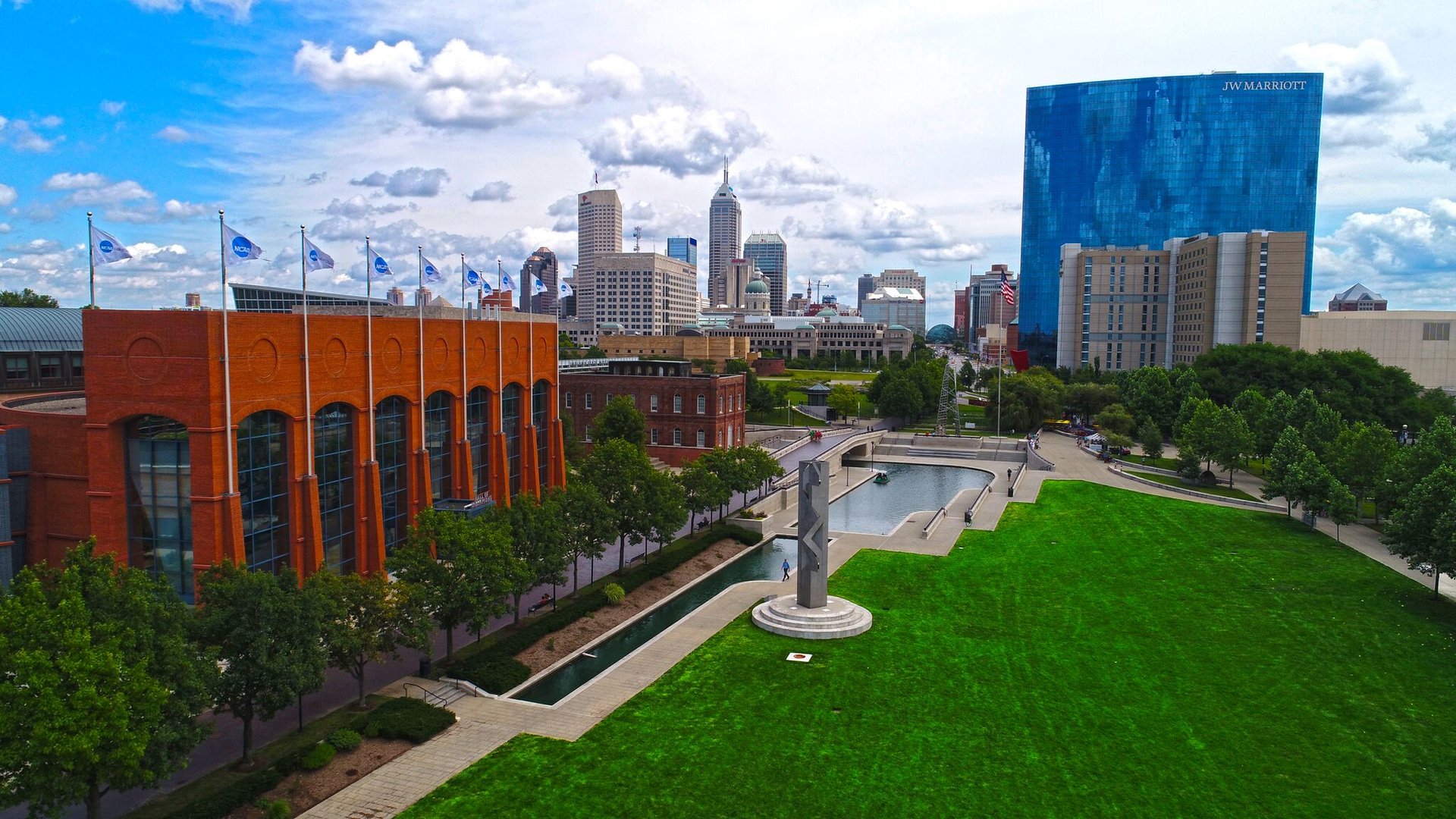 The exterior of the NCAA national office building in Indianapolis, Indiana.