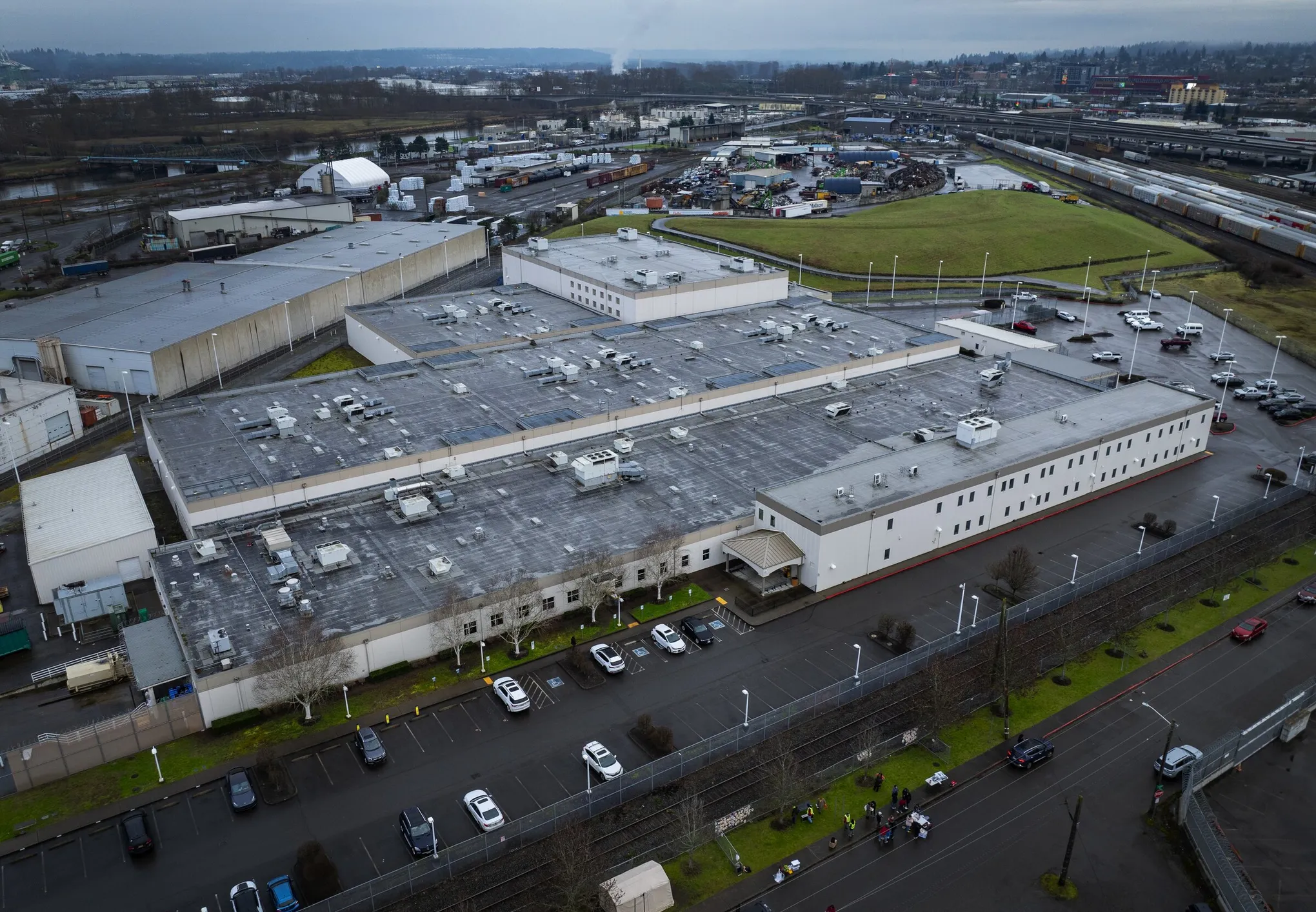 The exterior of the Northwest ICE Processing Center in Tacoma, Washington