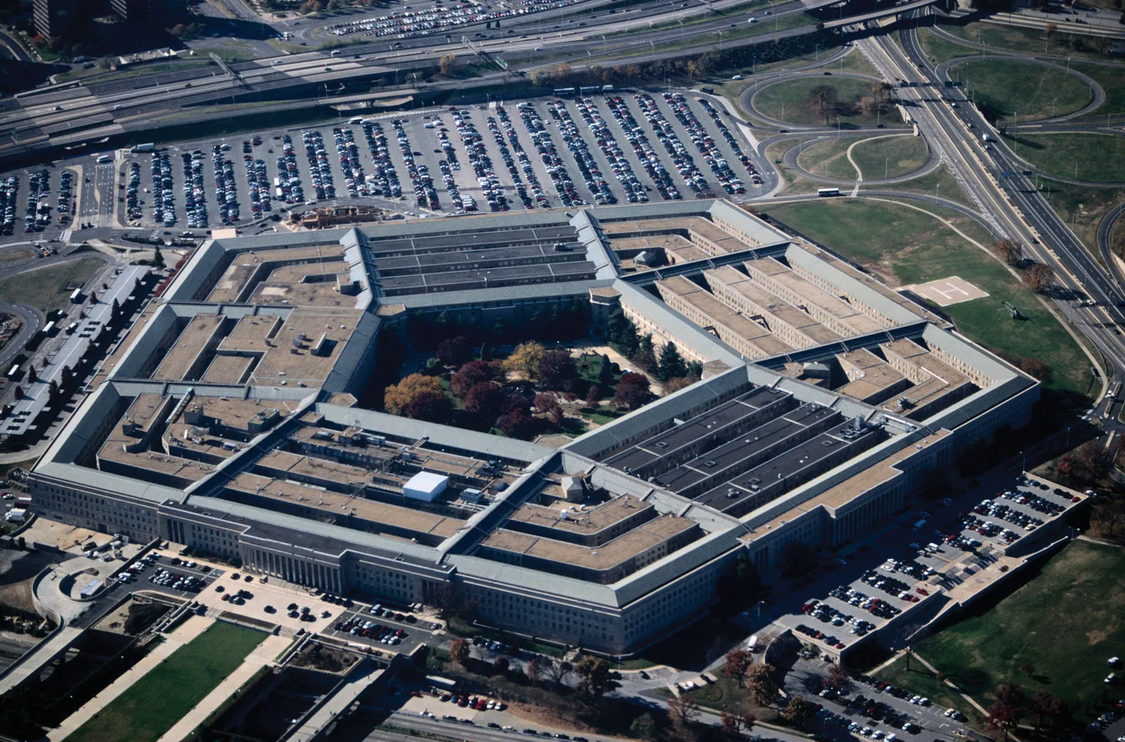The exterior of the Pentagon in Arlington, Virginia, photographed from outside the building