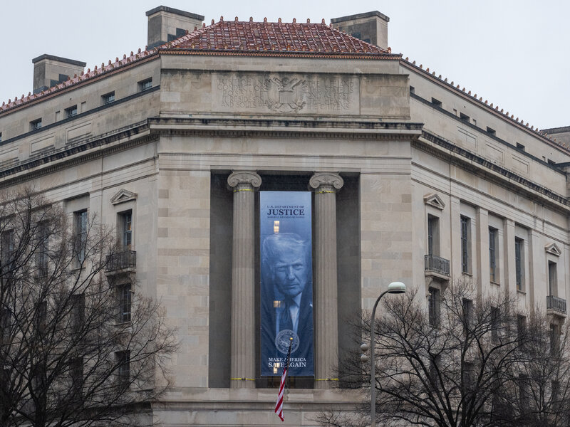 The exterior of the Robert F. Kennedy Department of Justice Building in Washington, DC on a clear day, real news photograph