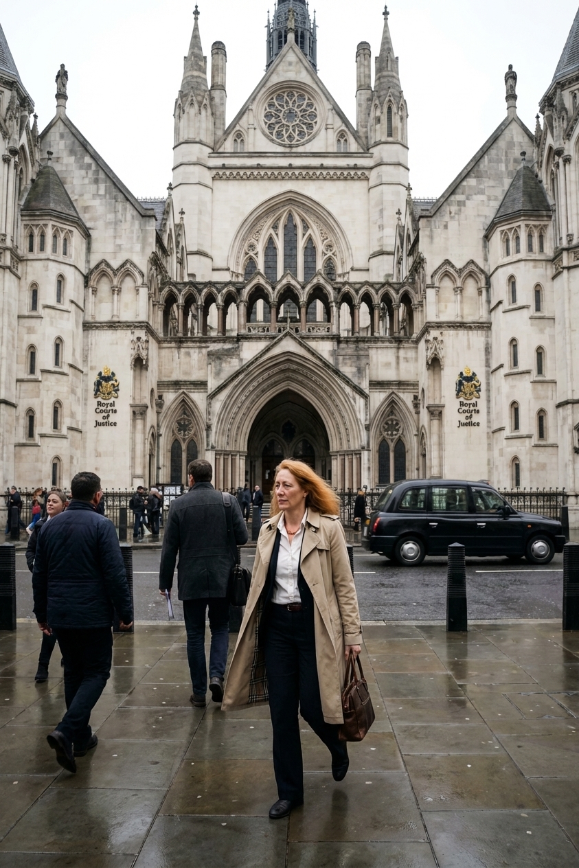 The exterior of the Royal Courts of Justice in London with pedestrians walking past the entrance on an overcast day, news photography style