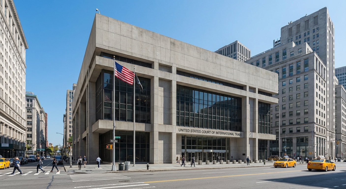 The exterior of the U.S. Court of International Trade building in New York City on a clear day