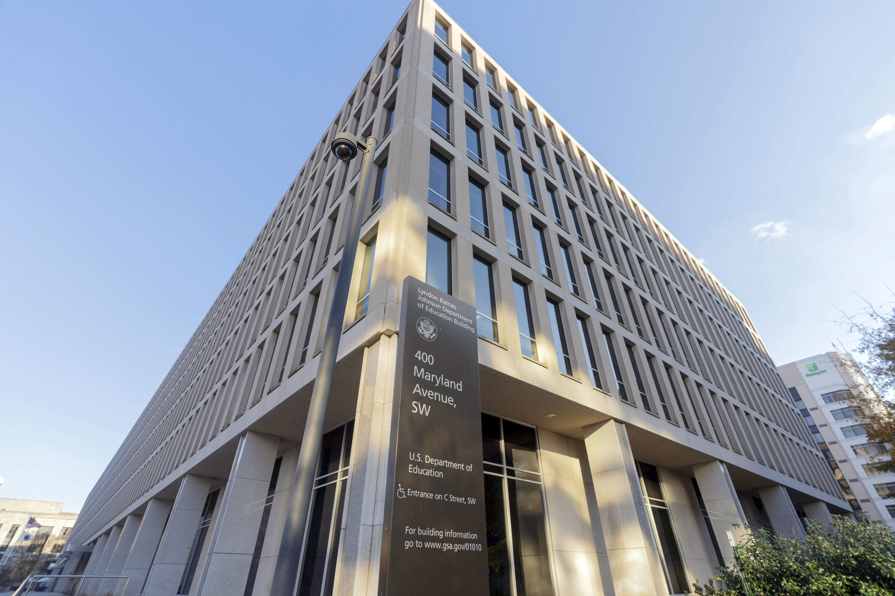 The exterior of the U.S. Department of Education headquarters in Washington, DC, with the building signage visible