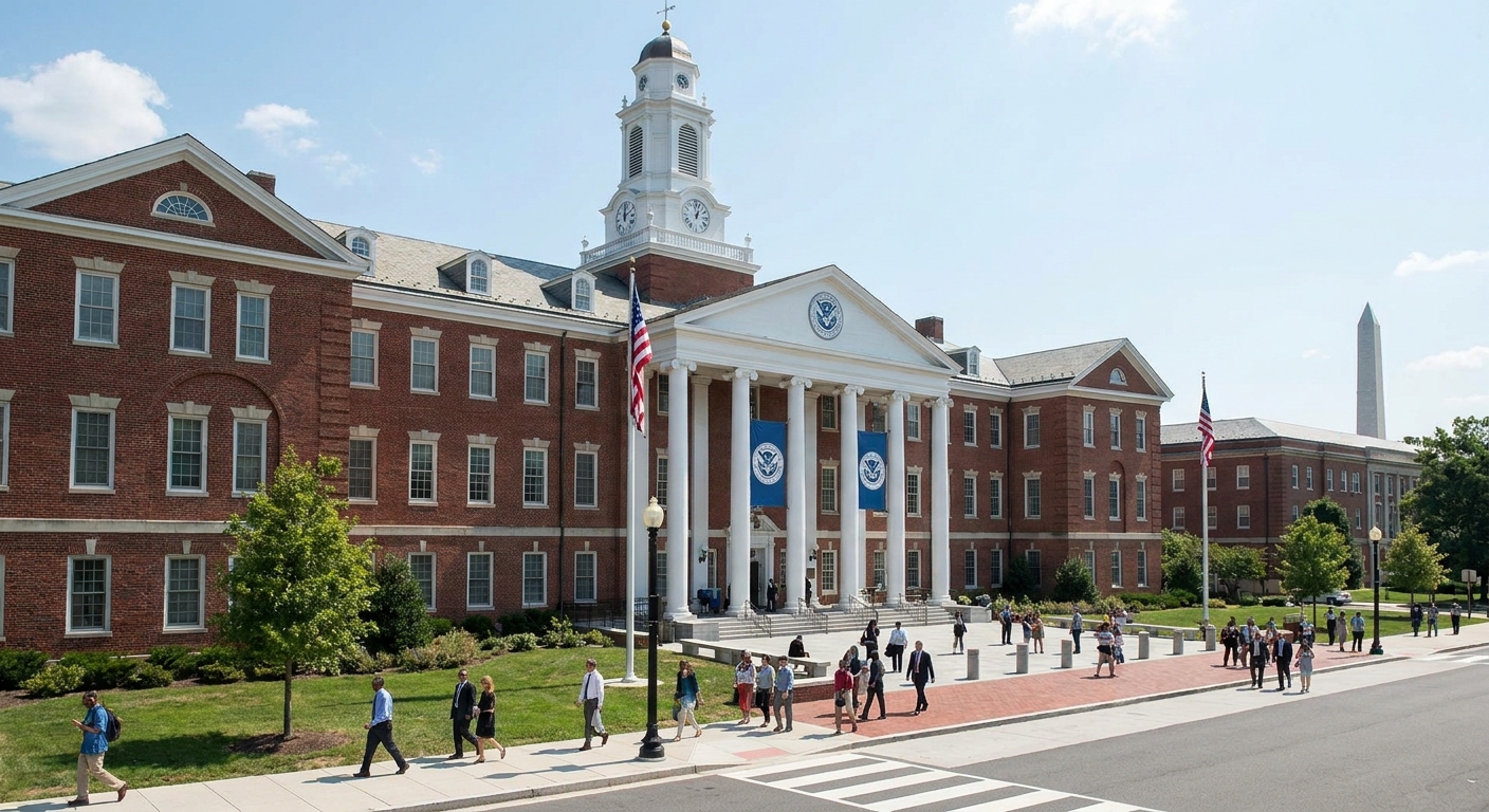 The exterior of the U.S. Department of Homeland Security headquarters building in Washington, D.C., photographed in daylight with people walking nearby