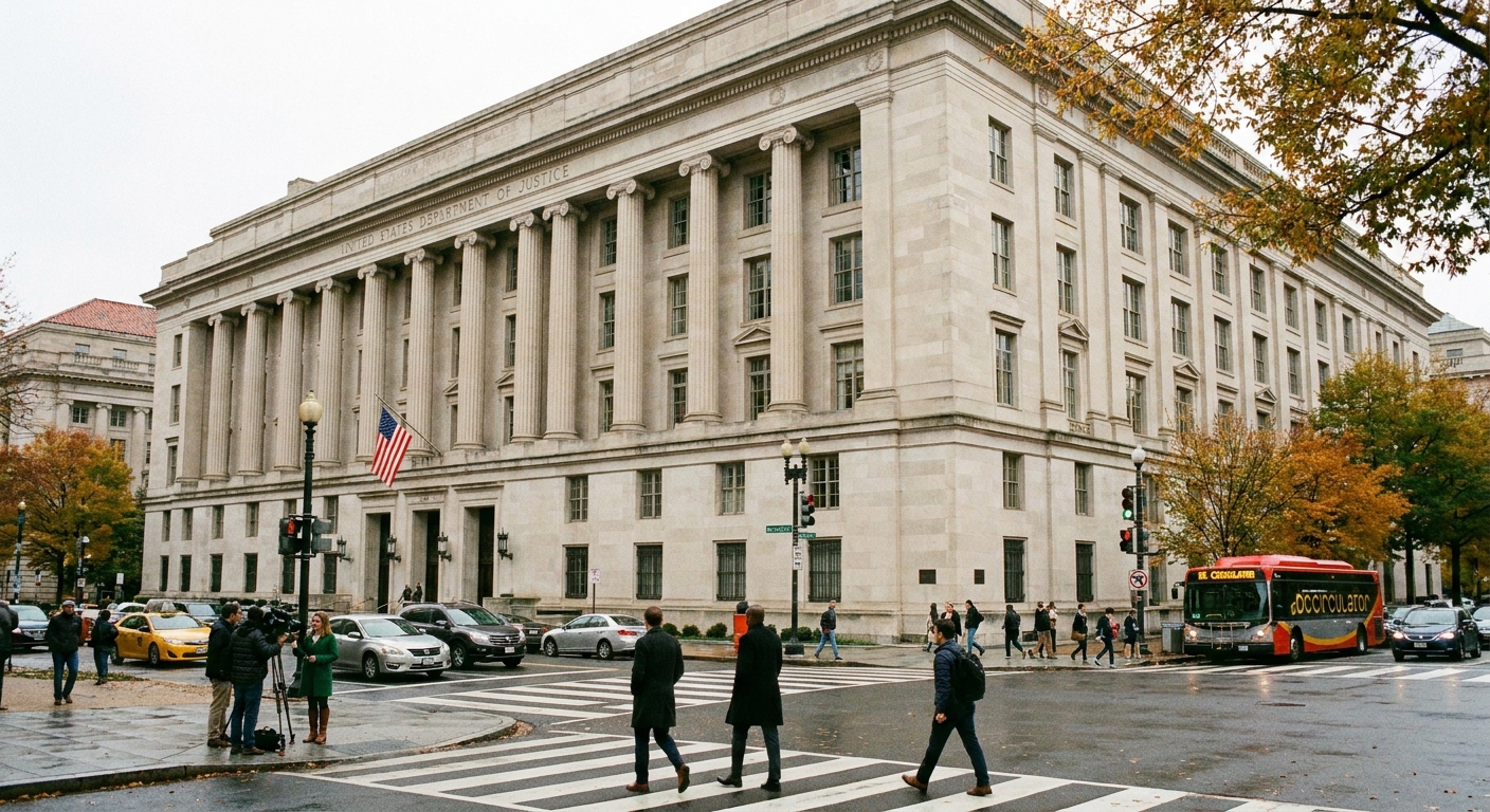The exterior of the U.S. Department of Justice building in Washington, D.C., with pedestrians on the sidewalk and traffic passing, daytime news photography style
