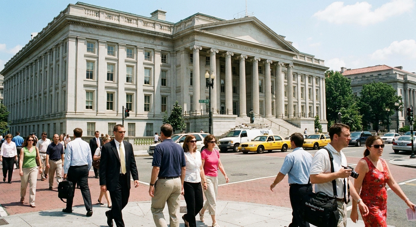 The exterior of the U.S. Department of the Treasury building in Washington, DC, photographed on a clear day with pedestrians in the foreground, news photography style