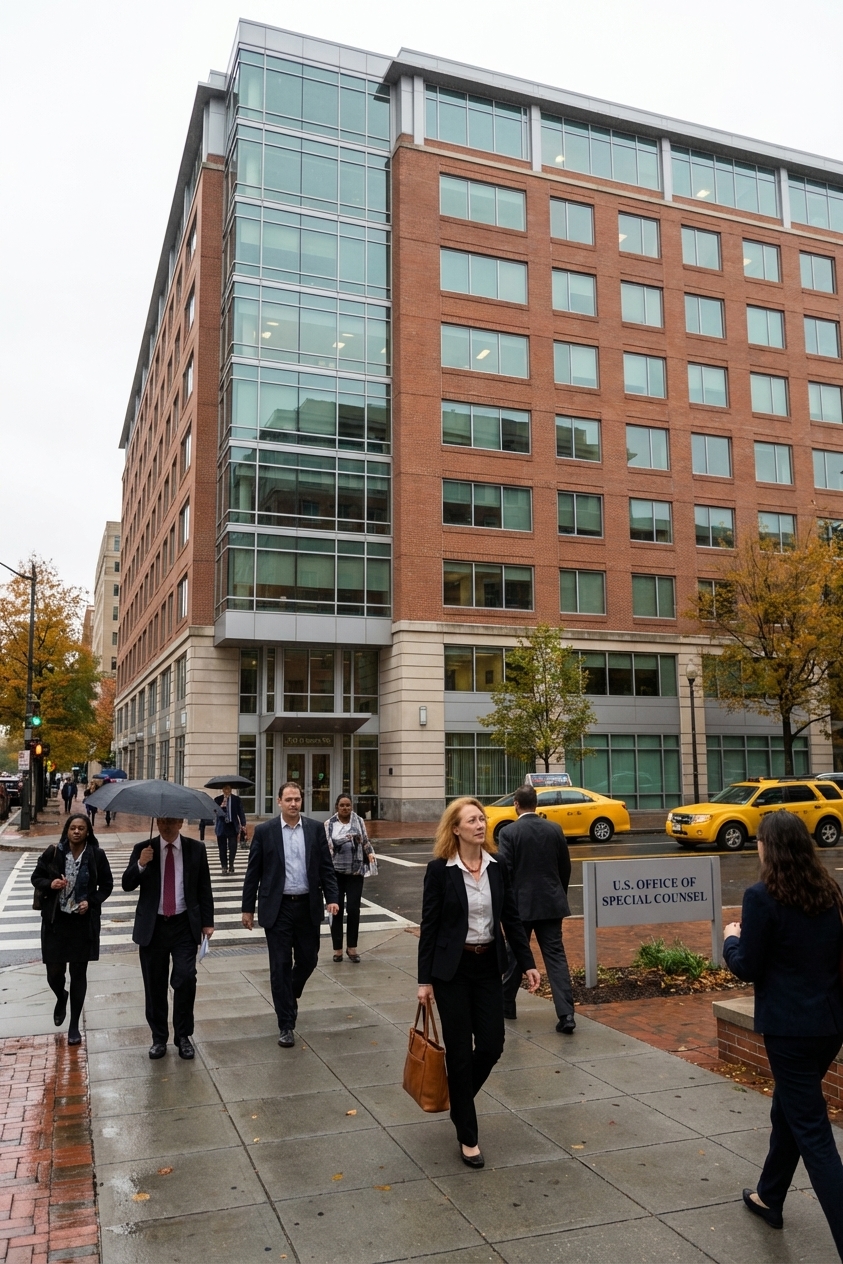 The exterior of the U.S. Office of Special Counsel office building in Washington, DC, with pedestrians on the sidewalk, news photography style