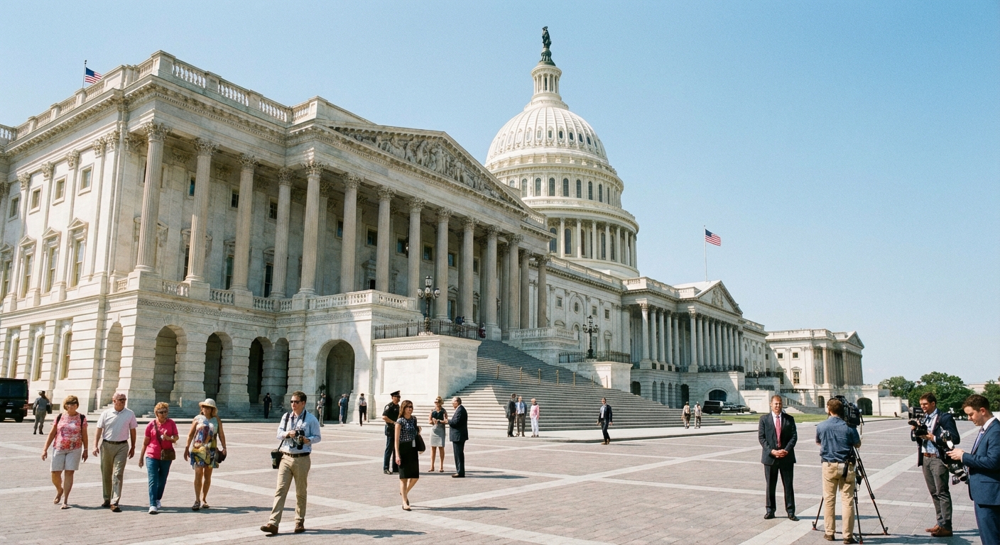 The exterior of the United States Capitol Senate wing on a clear day with people walking near the steps, news photography style