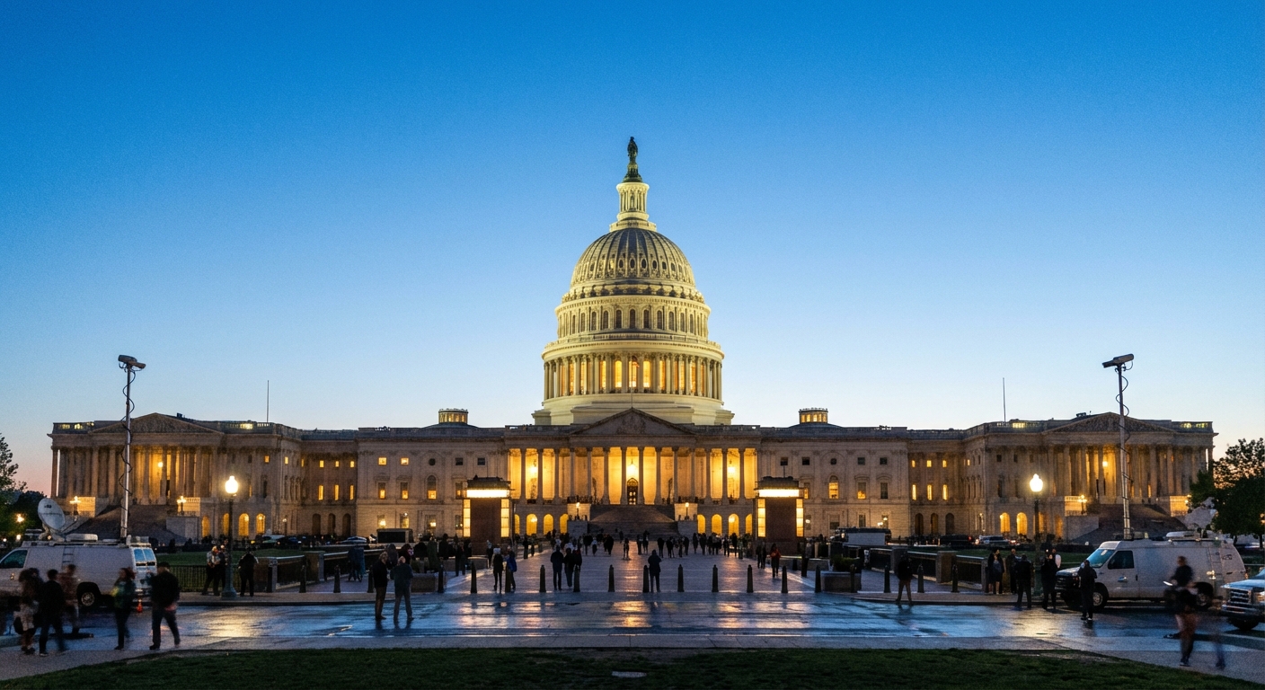 The exterior of the United States Capitol building in Washington, D.C., photographed at dusk with lights on and a clear sky, news photography style