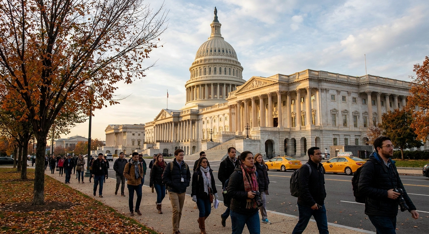 The exterior of the United States Capitol building in Washington, DC on an autumn afternoon with pedestrians in the foreground, news photography style