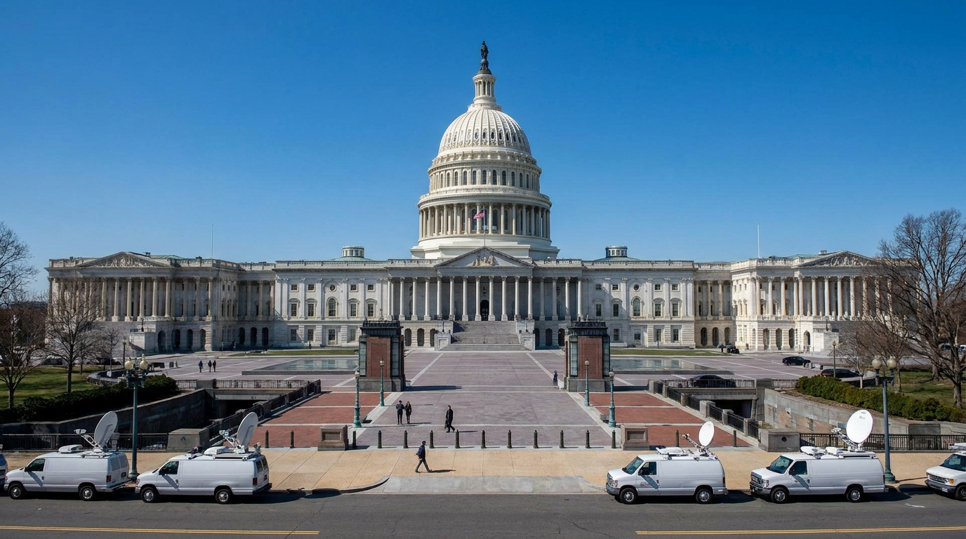 The exterior of the United States Capitol building in Washington, DC on a clear afternoon, wide angle news photography style