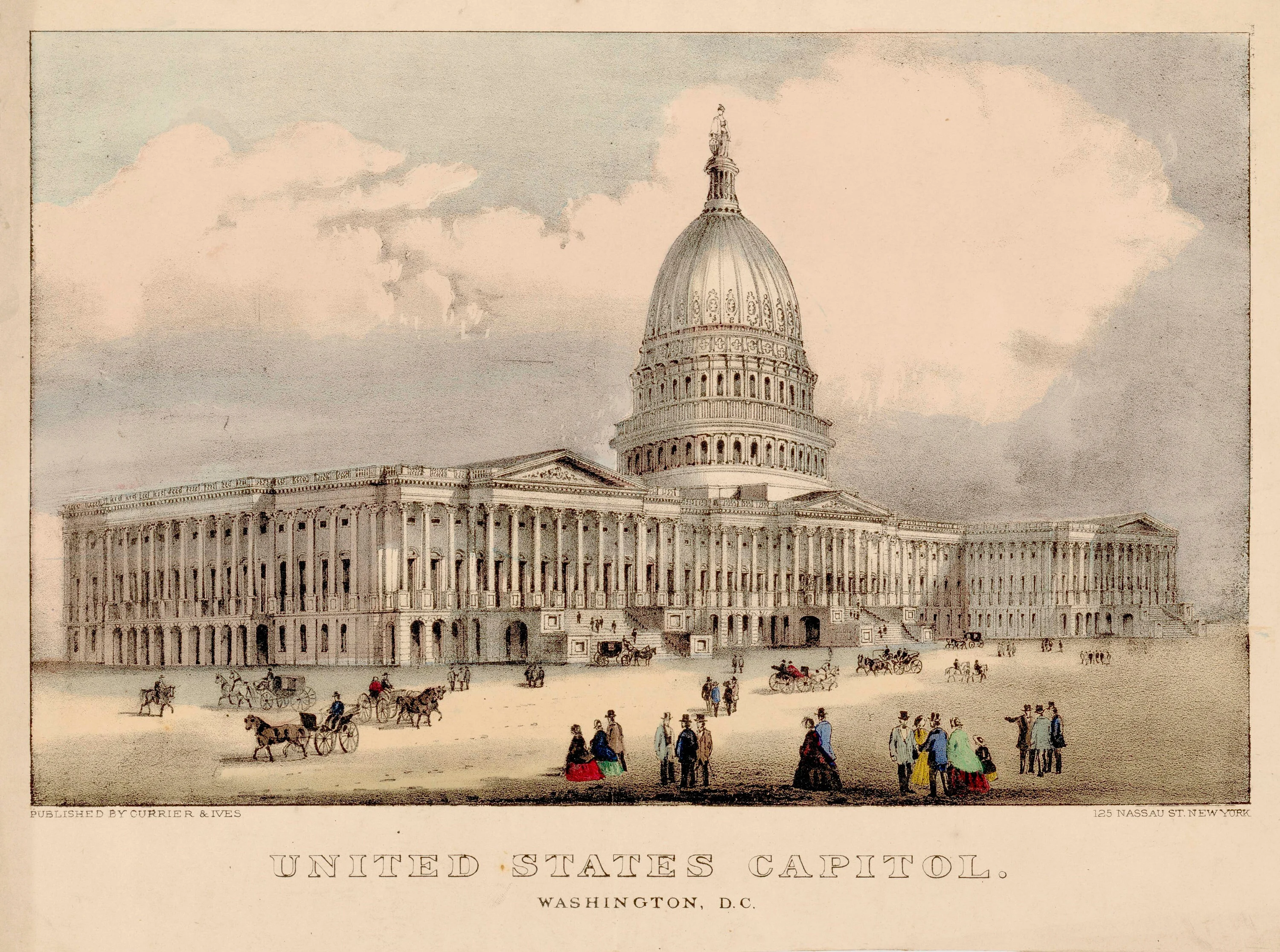 The exterior of the United States Capitol in Washington, D.C. in the 1870s, with pedestrians on the grounds and a clear daytime sky, historical photograph style