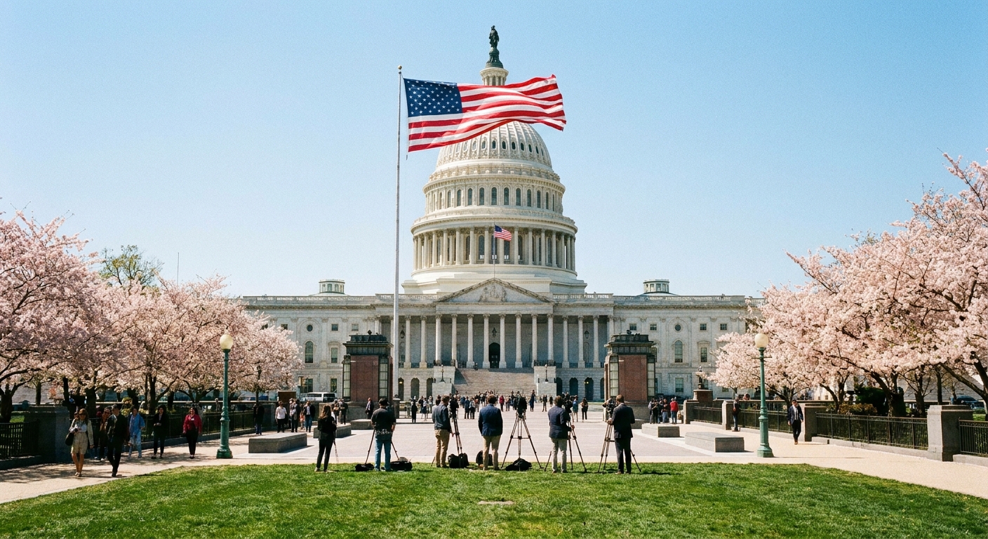 The exterior of the United States Capitol in Washington, DC on a clear spring day, news photography style