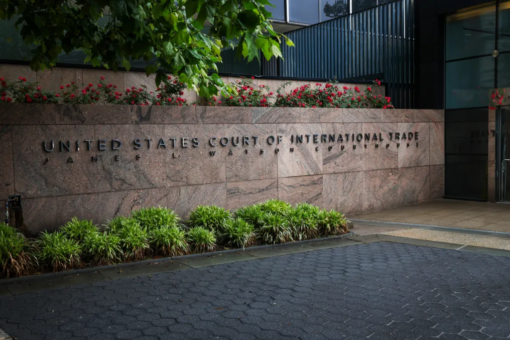 The exterior of the United States Court of International Trade in New York City, showing the courthouse facade and entrance