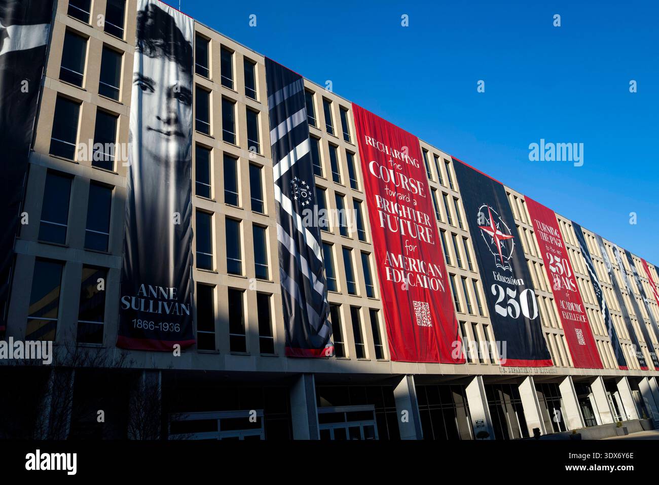 The exterior of the United States Department of Education building in Washington, DC on a clear day, news photography style