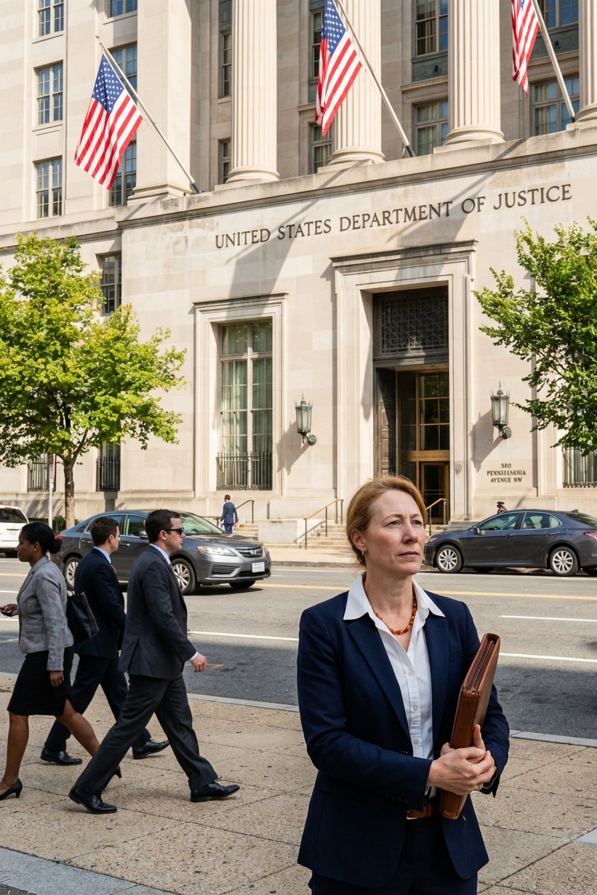 The exterior of the United States Department of Justice building in Washington, DC on a clear day, real photojournalism style