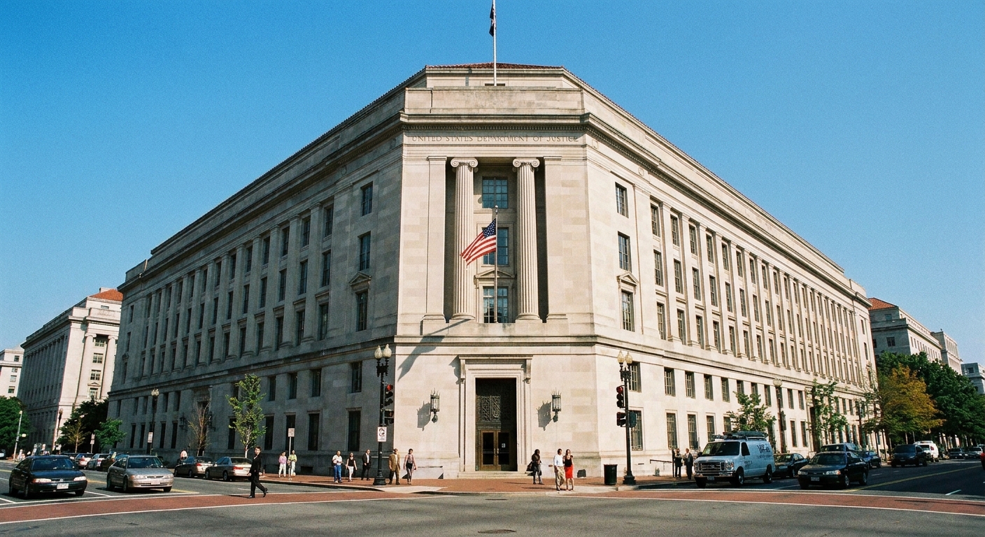 The exterior of the United States Department of Justice headquarters building in Washington, DC, photographed from street level in clear daylight, news photography style