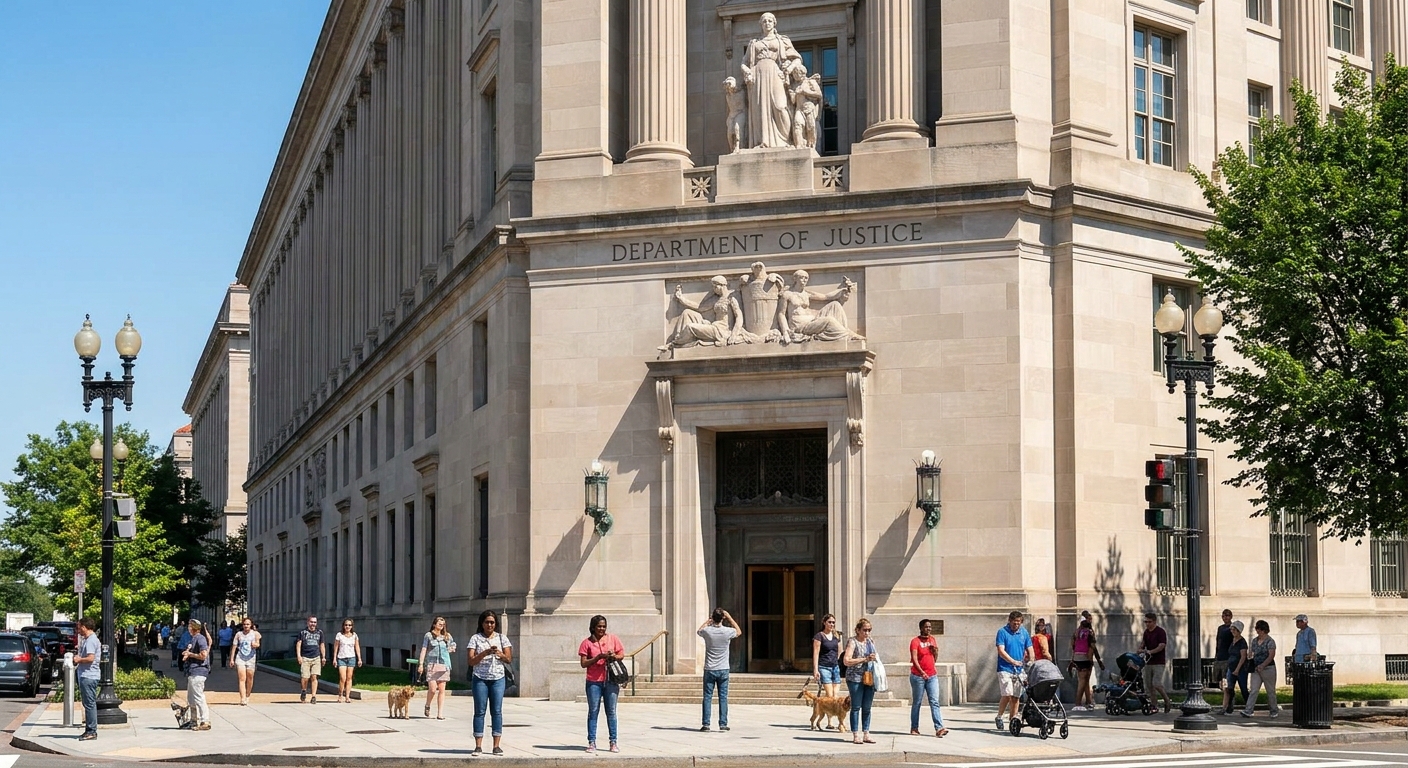 The exterior of the United States Department of Justice building in Washington, DC, photographed on a clear day with people walking on the sidewalk in front