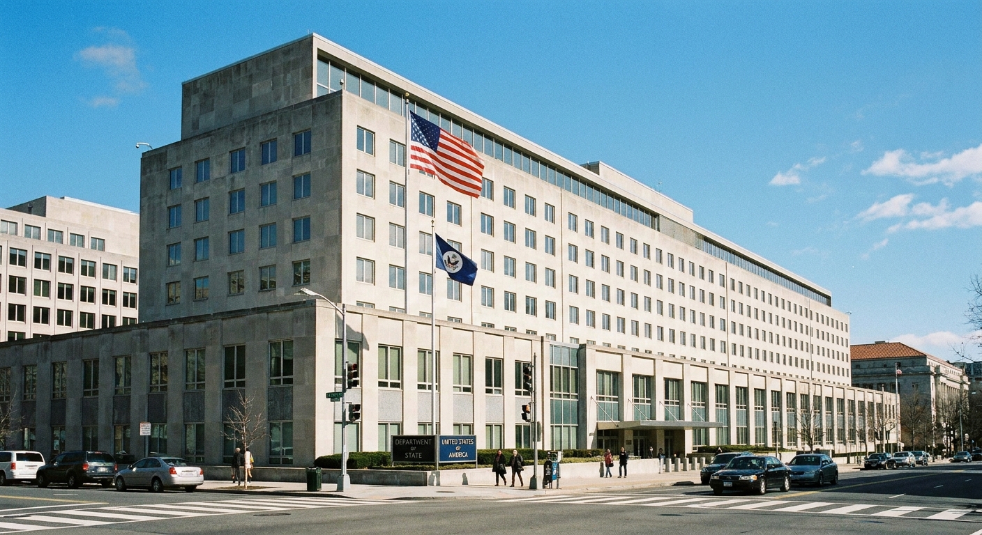 The exterior of the United States Department of State headquarters in Washington, DC on a clear day, real photography style