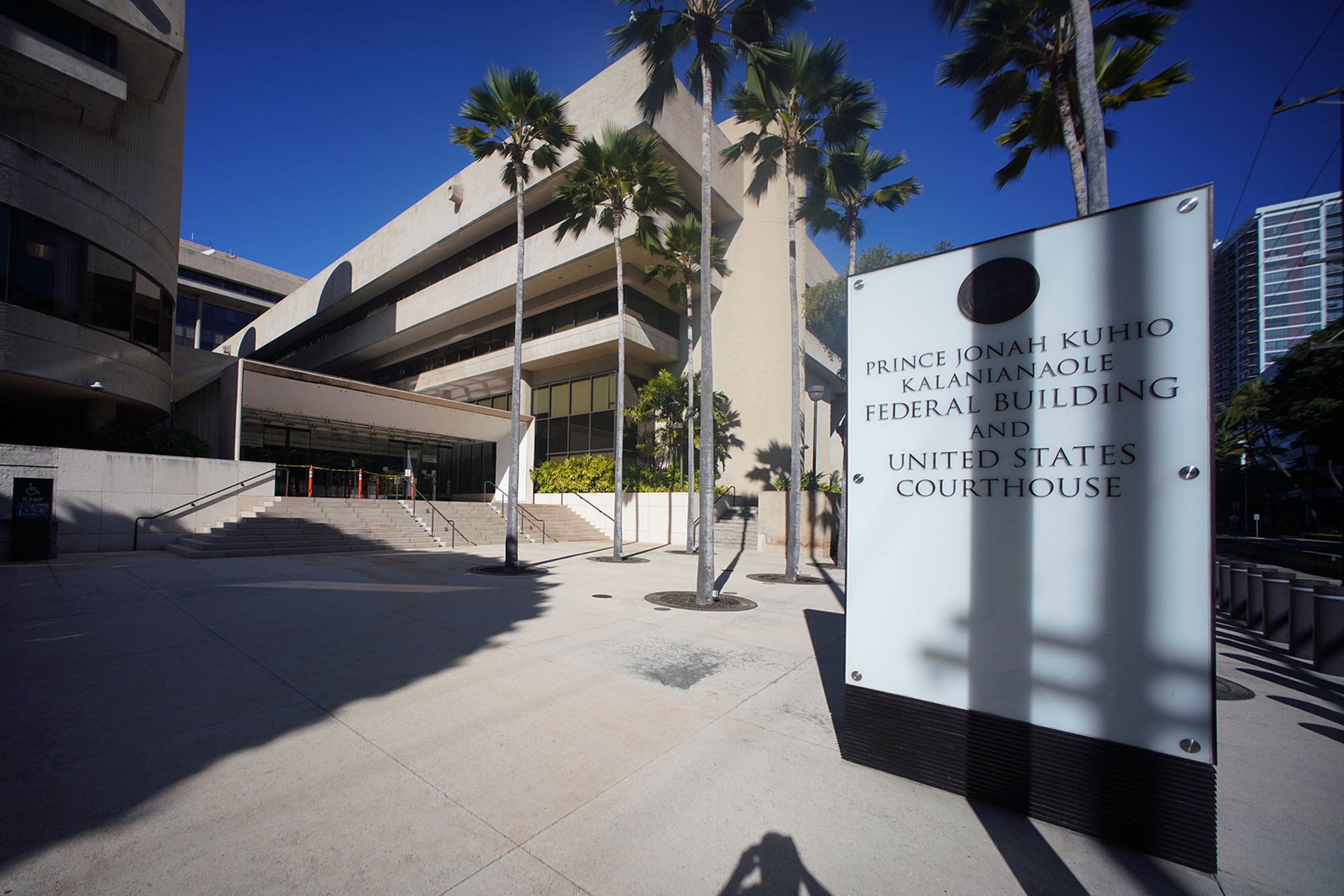 The exterior of the United States District Court for the District of Hawaii in Honolulu, where Hawaii Act 52 was challenged and the case proceeded in preliminary-injunction litigation