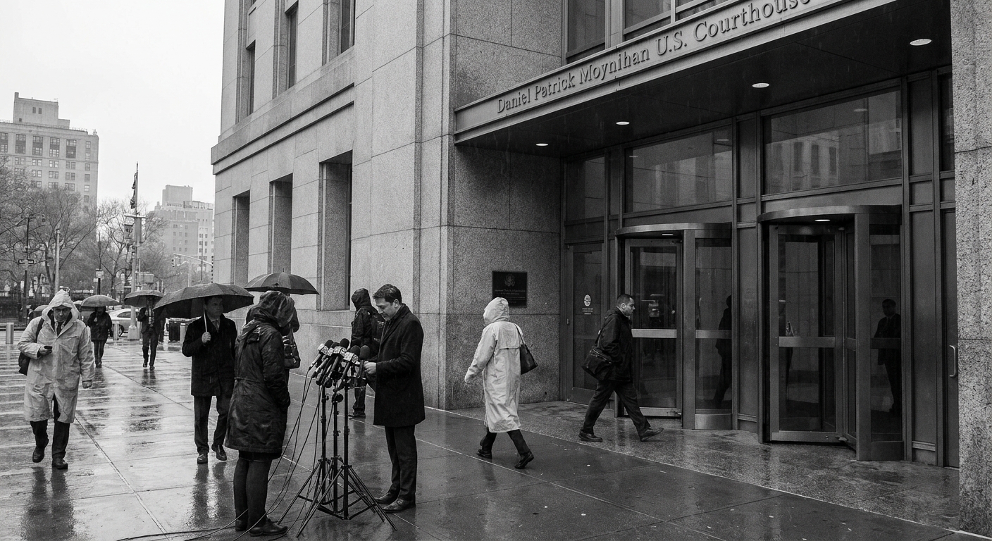 The exterior of the United States District Court in Manhattan on an overcast day, with pedestrians passing the entrance, news photography style