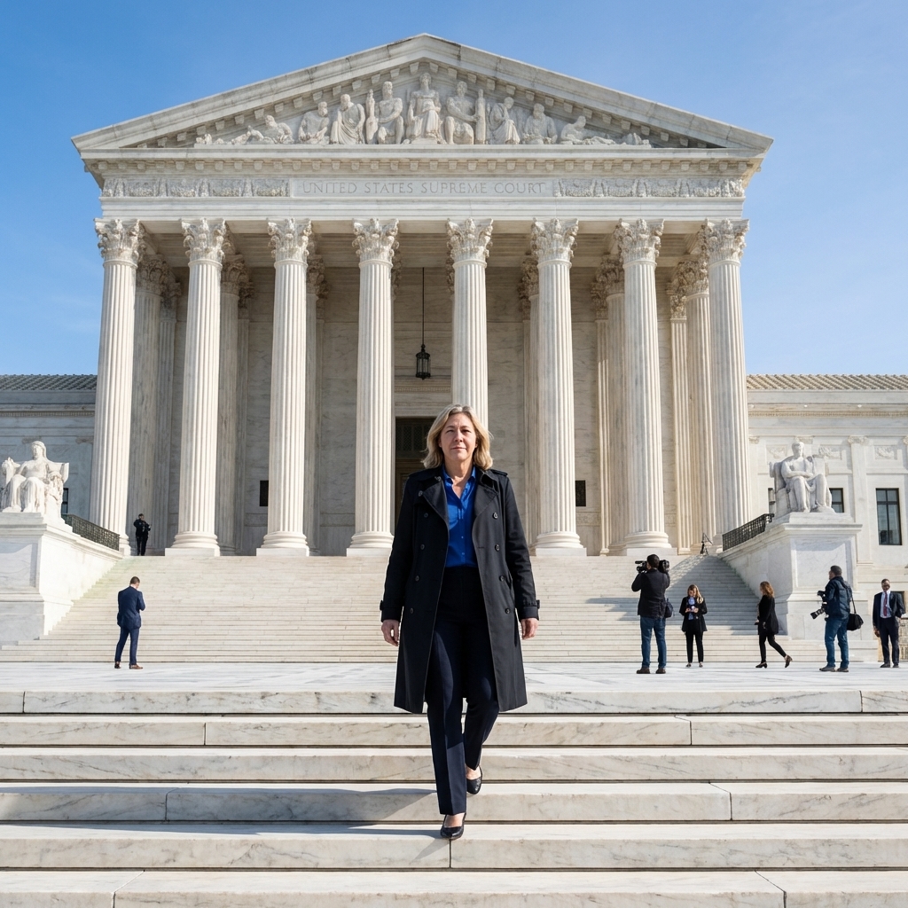 The exterior of the United States Supreme Court building in Washington, DC on a clear day, with broad marble steps in the foreground, news photography style