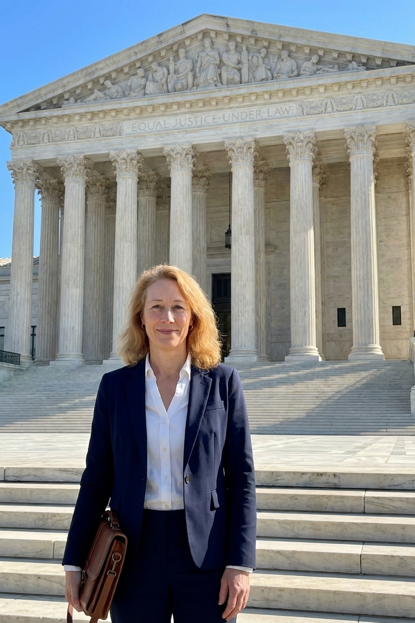 The exterior of the United States Supreme Court building on a clear day with the steps and columns in view