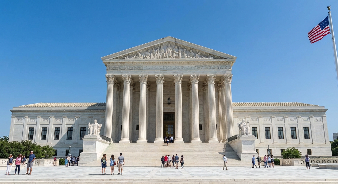 The exterior of the United States Supreme Court building in Washington, DC on a clear day, photographed from the front steps with columns visible