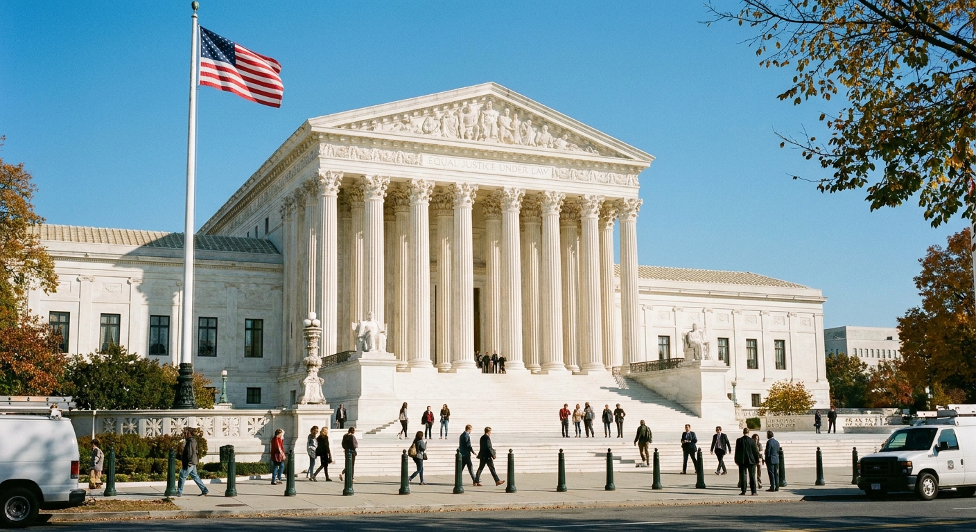 The exterior of the United States Supreme Court building on a clear daytime, with the front steps and columns visible in a realistic news-photography style