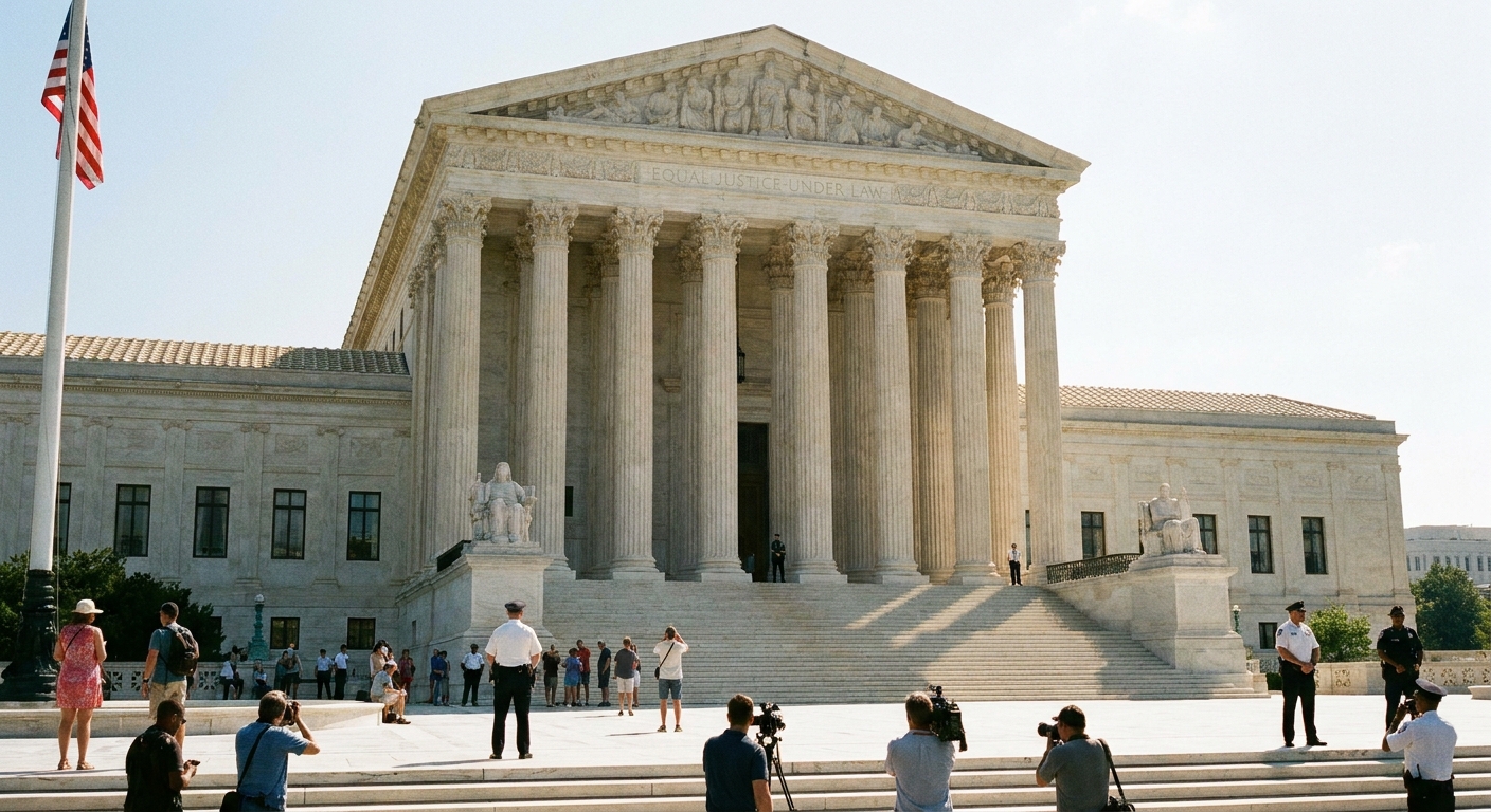 The exterior of the United States Supreme Court building in Washington, D.C., photographed from the front steps in bright daylight, news photography style
