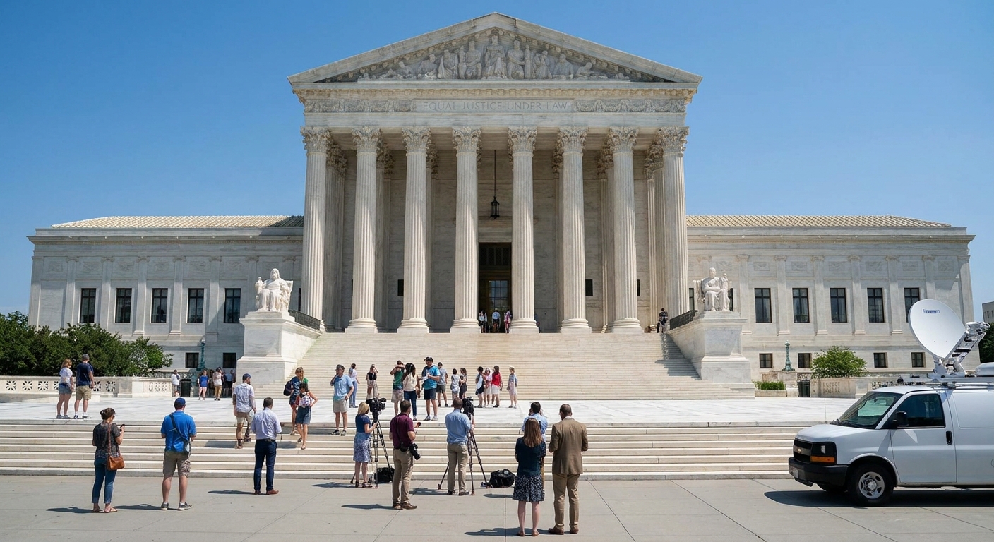 The exterior of the United States Supreme Court building in Washington, DC on a clear day, with broad steps and columns in view, news photography style