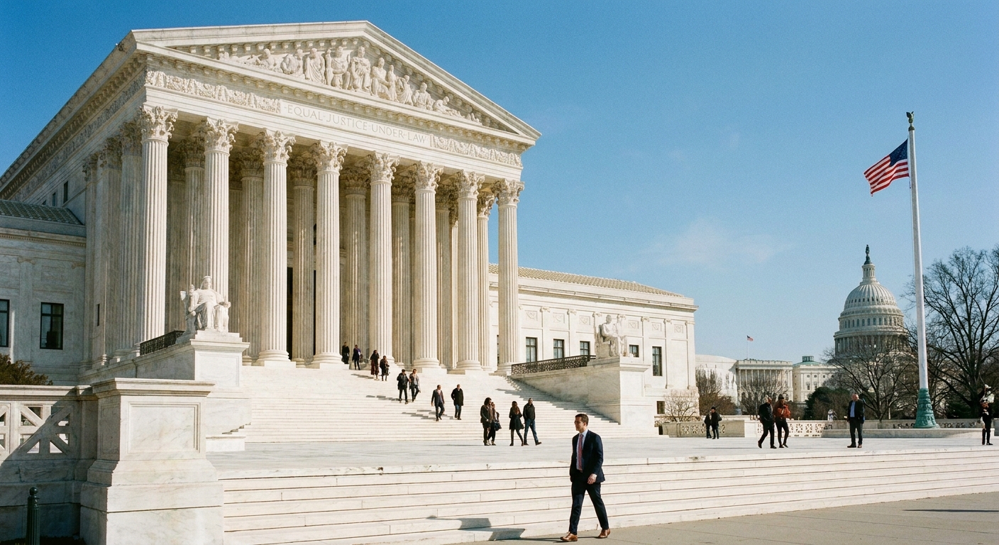 The exterior of the United States Supreme Court building on a clear day, with the front steps and columns visible in a realistic news photography style