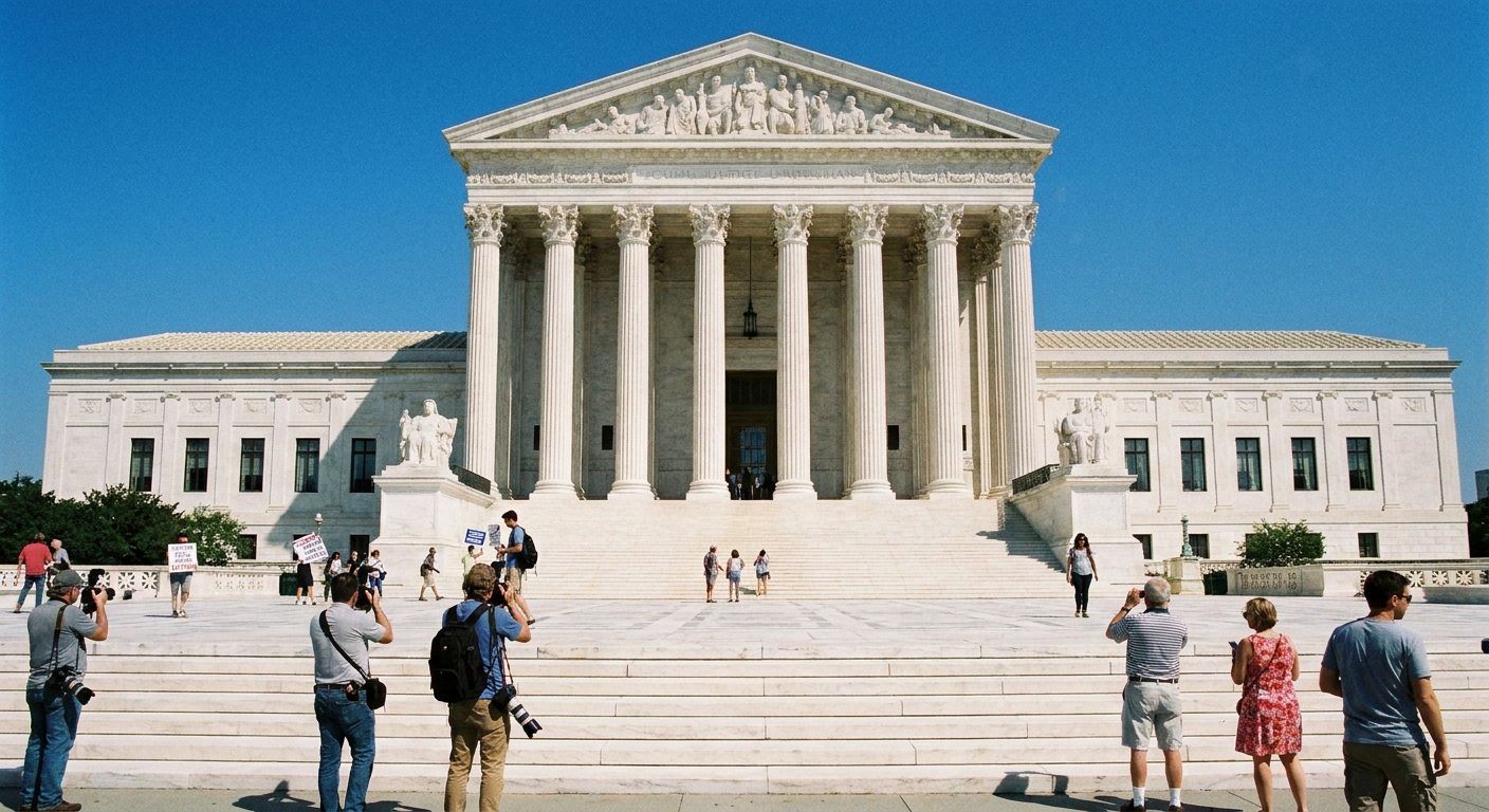 The exterior of the United States Supreme Court building in Washington, DC on a clear day, seen from ground level with the marble steps in view, news photography style