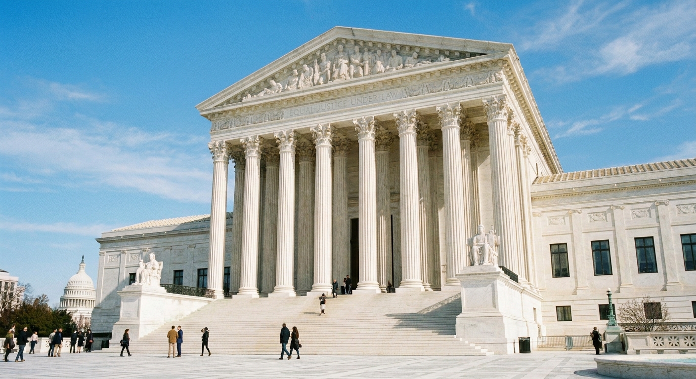 The exterior of the United States Supreme Court building in Washington, DC on a clear day, photographed from the front steps with columns visible