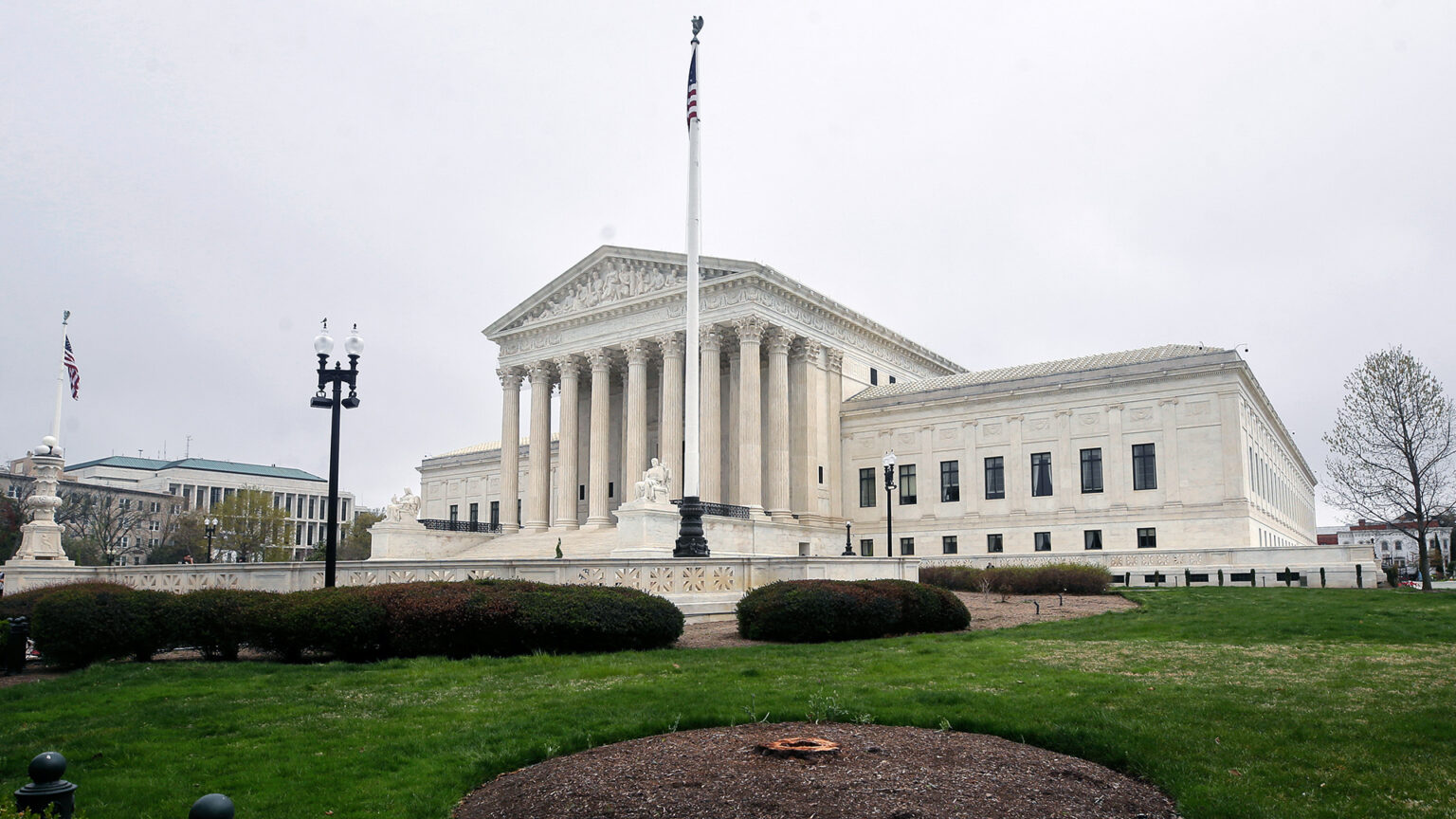 The exterior of the United States Supreme Court building in Washington, D.C., viewed from the front plaza