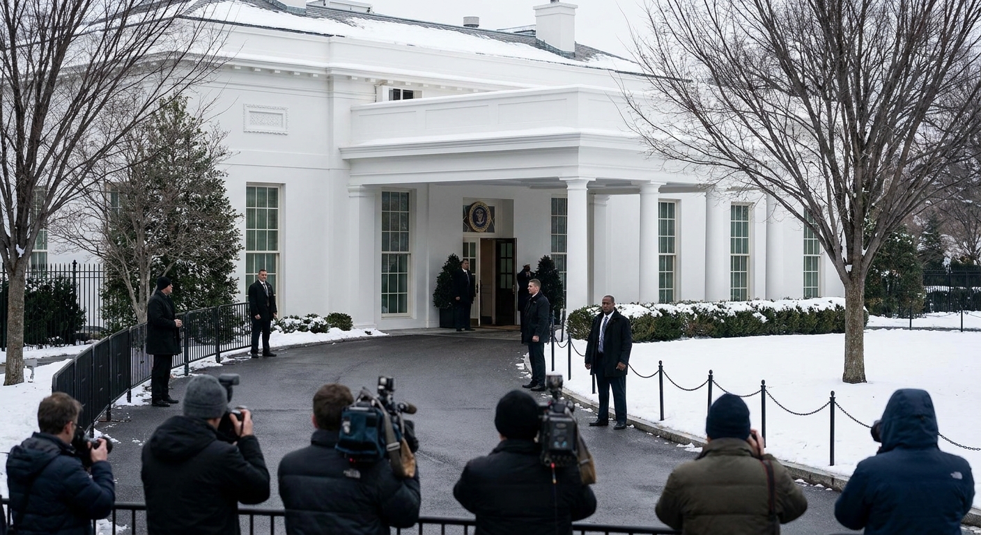 The exterior of the White House West Wing in Washington, DC in winter light, with Secret Service presence visible at a distance, news photography style